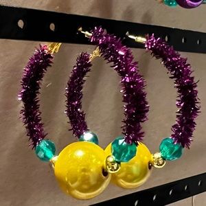 Mardi Gras Earrings. 2 inch hoops. Handmade